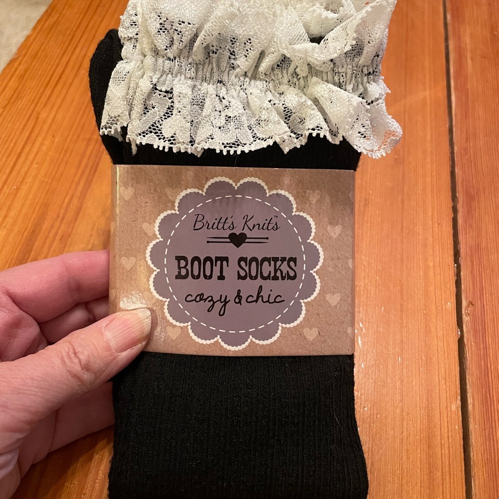 Britt’s‎ Knits Black Boot Socks with Lace Trim, NWT, OS
